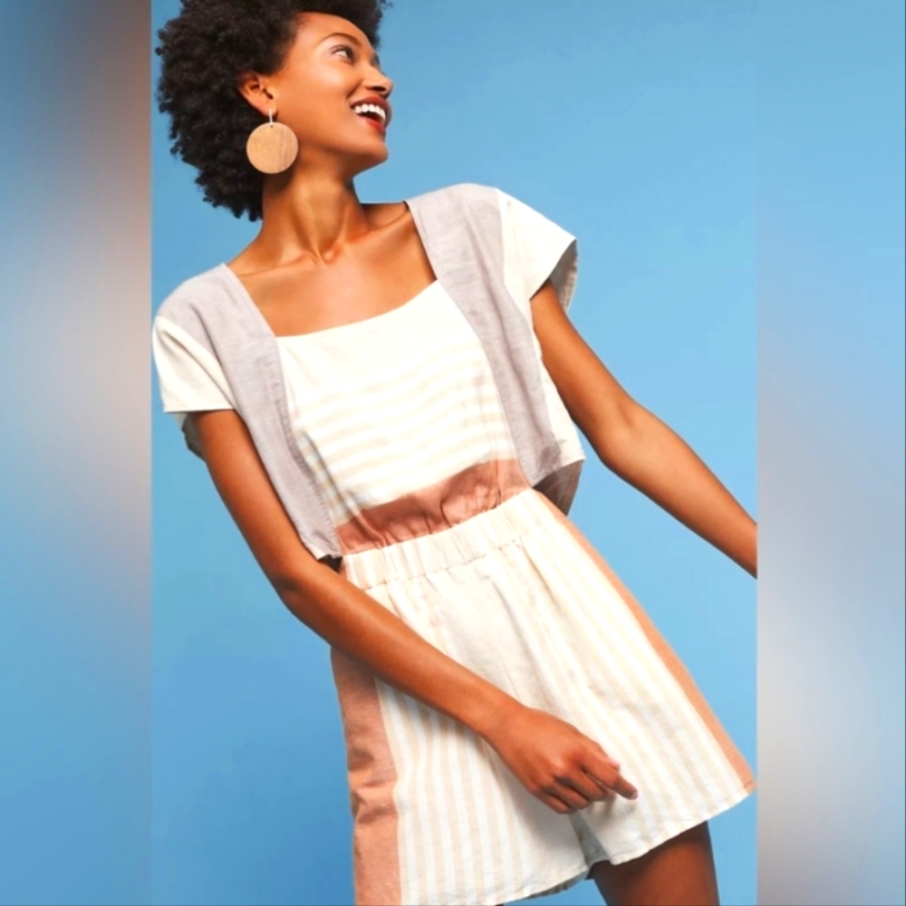 Anthropologie Elevenses Romper Women's Size M Beige Linen Striped Cut Out Back